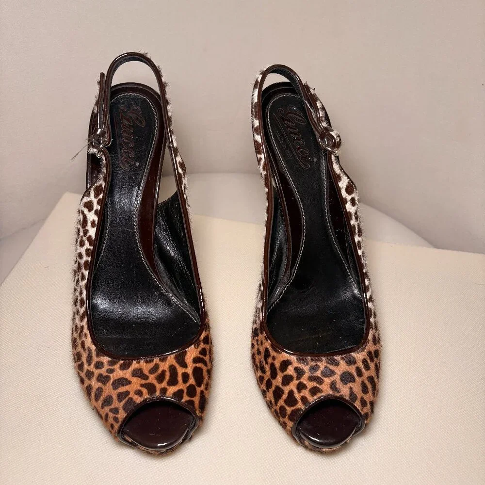GUCCI Sofia Platform Peep Toe Slingback Pumps, Leopard Print Calf Hair, Sz 40